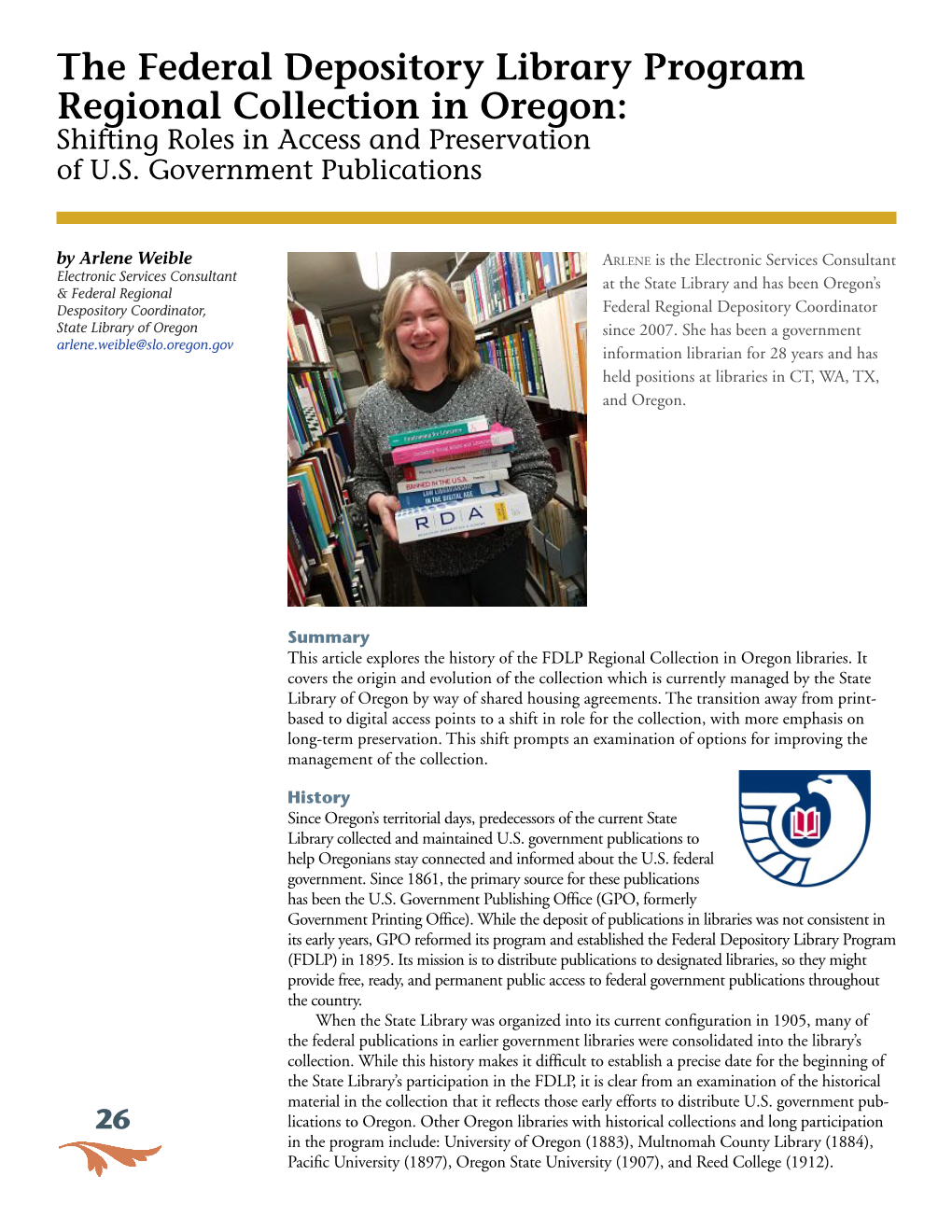 The Federal Depository Library Program Regional Collection in Oregon: Shifting Roles in Access and Preservation of U.S