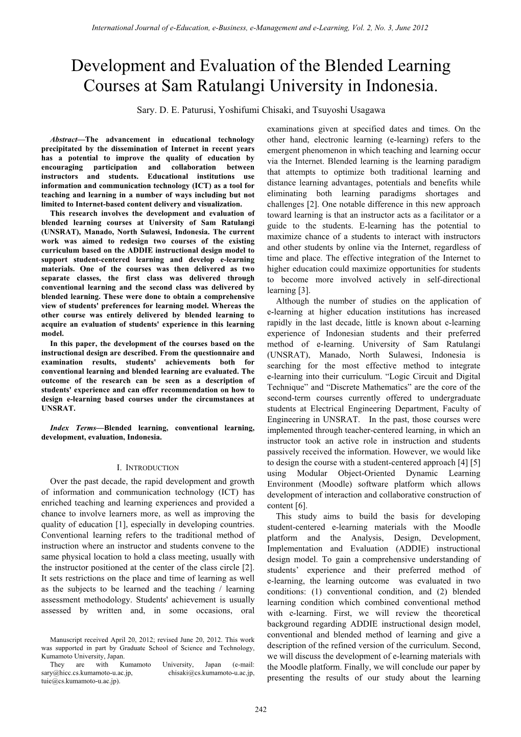 Development and Evaluation of the Blended Learning Courses at Sam Ratulangi University in Indonesia