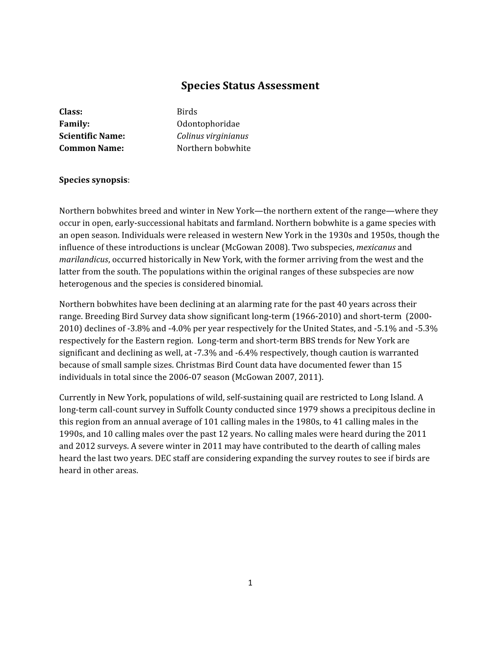 Species Assessment for Northern Bobwhite