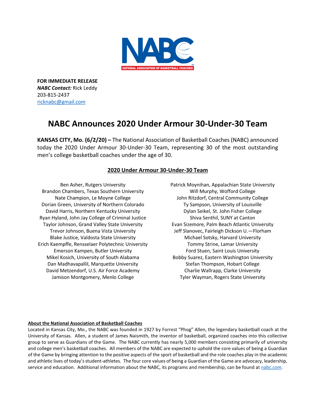 NABC Announces 2020 Under Armour 30-Under-30 Team