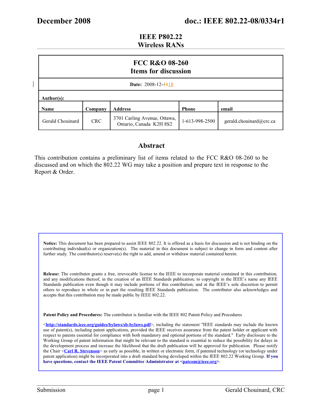 List of Items for Discussion in Preparation for a Potential Filing by IEEE 802