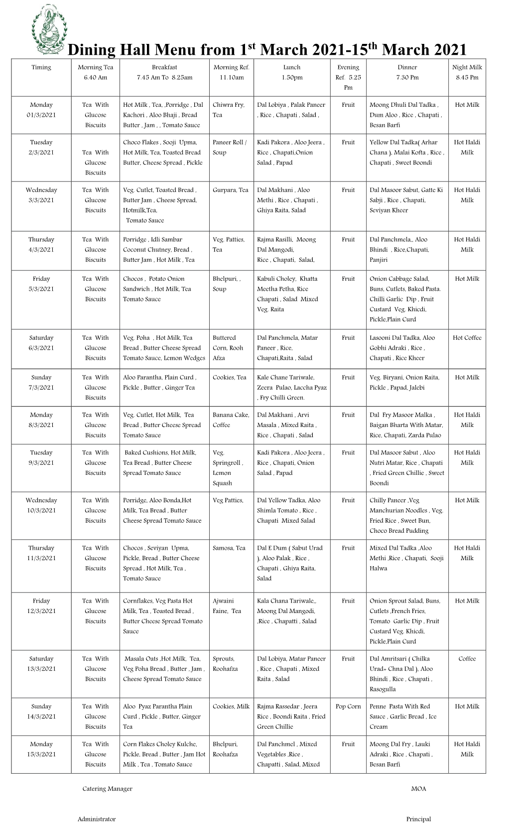 Dining Hall Menu from 1St March 2021-15Th March 2021