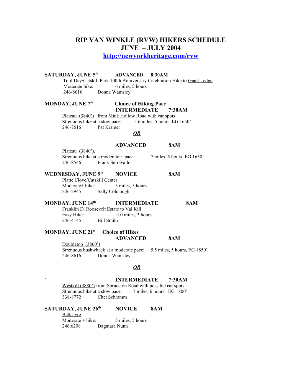 Rip Van Winkle (RVW) Hiking Club Schedule (