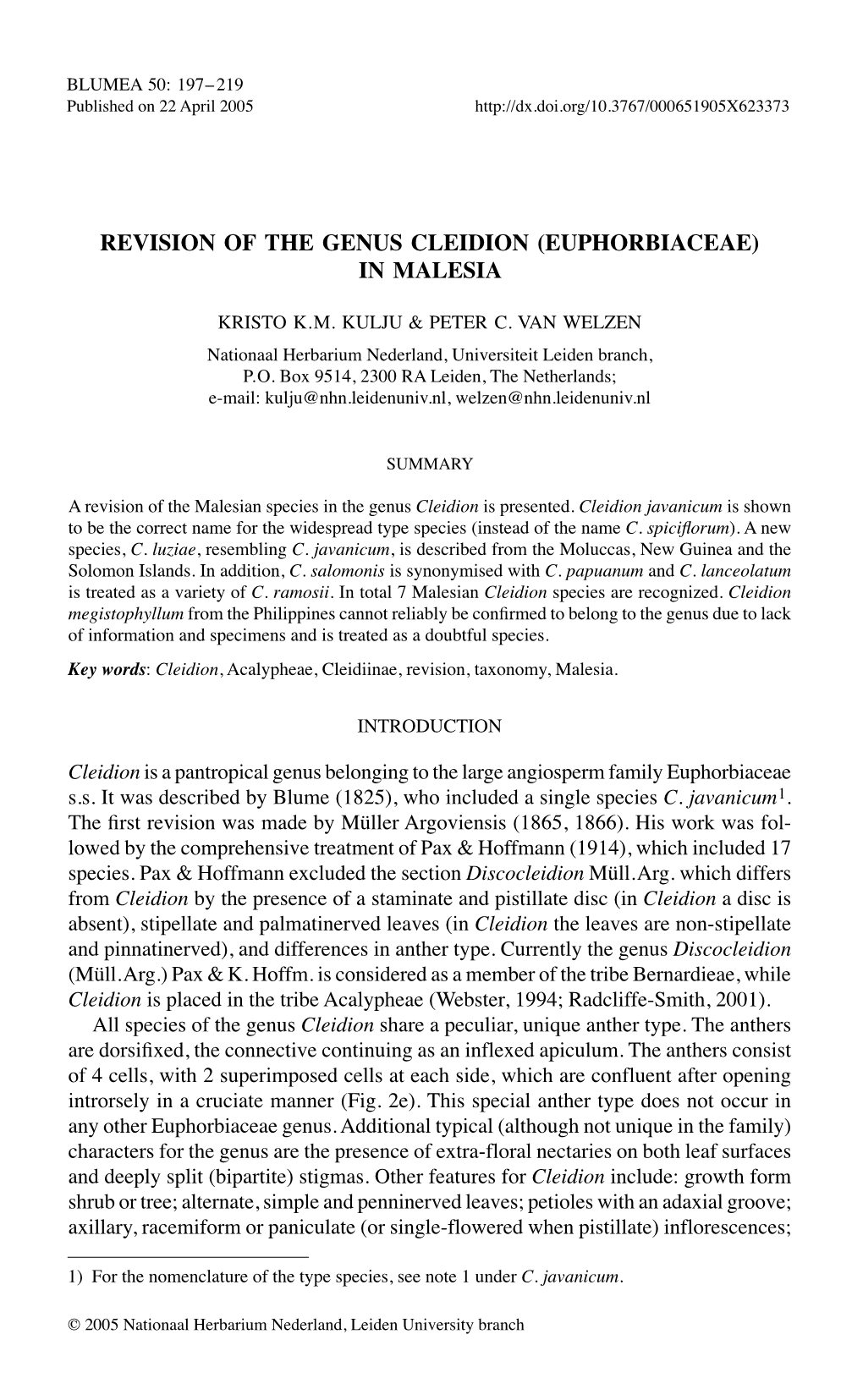 Revision of the Genus Cleidion (Euphorbiaceae) in Malesia