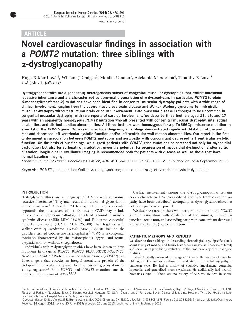 Novel Cardiovascular Findings in Association with a POMT2