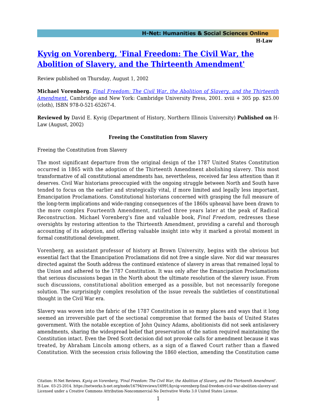 Kyvig on Vorenberg, 'Final Freedom: the Civil War, the Abolition of Slavery, and the Thirteenth Amendment'