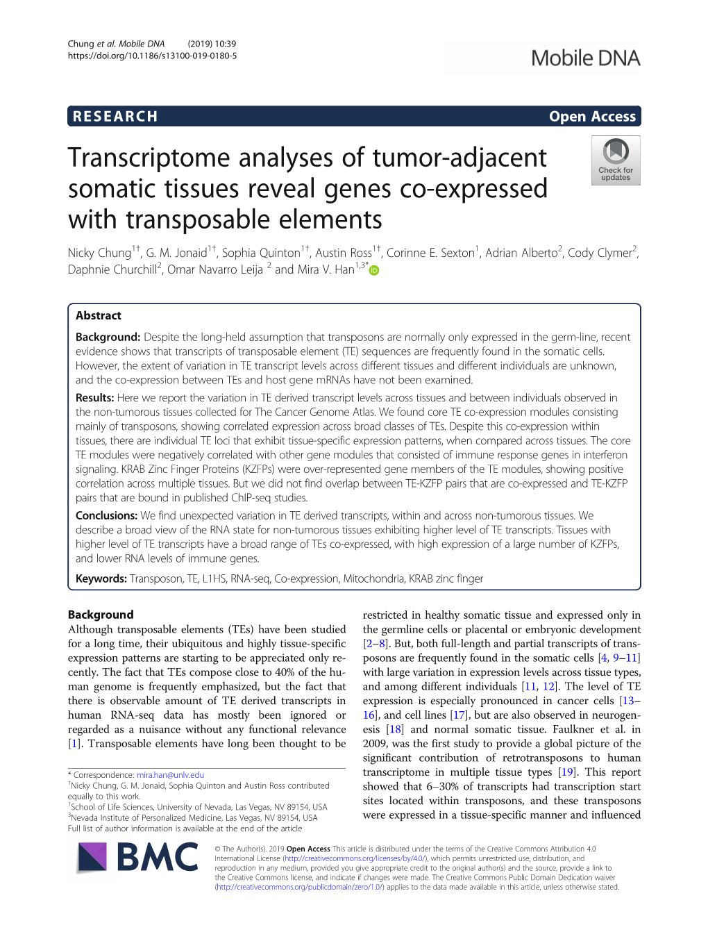 Transcriptome Analyses of Tumor-Adjacent Somatic Tissues Reveal Genes Co-Expressed with Transposable Elements Nicky Chung1†, G