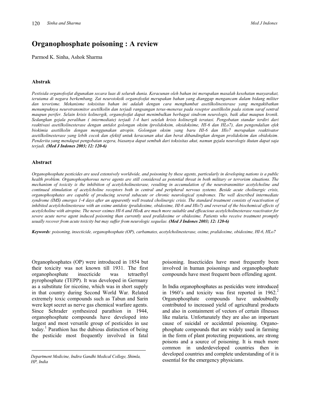 Organophosphate Poisoning : a Review