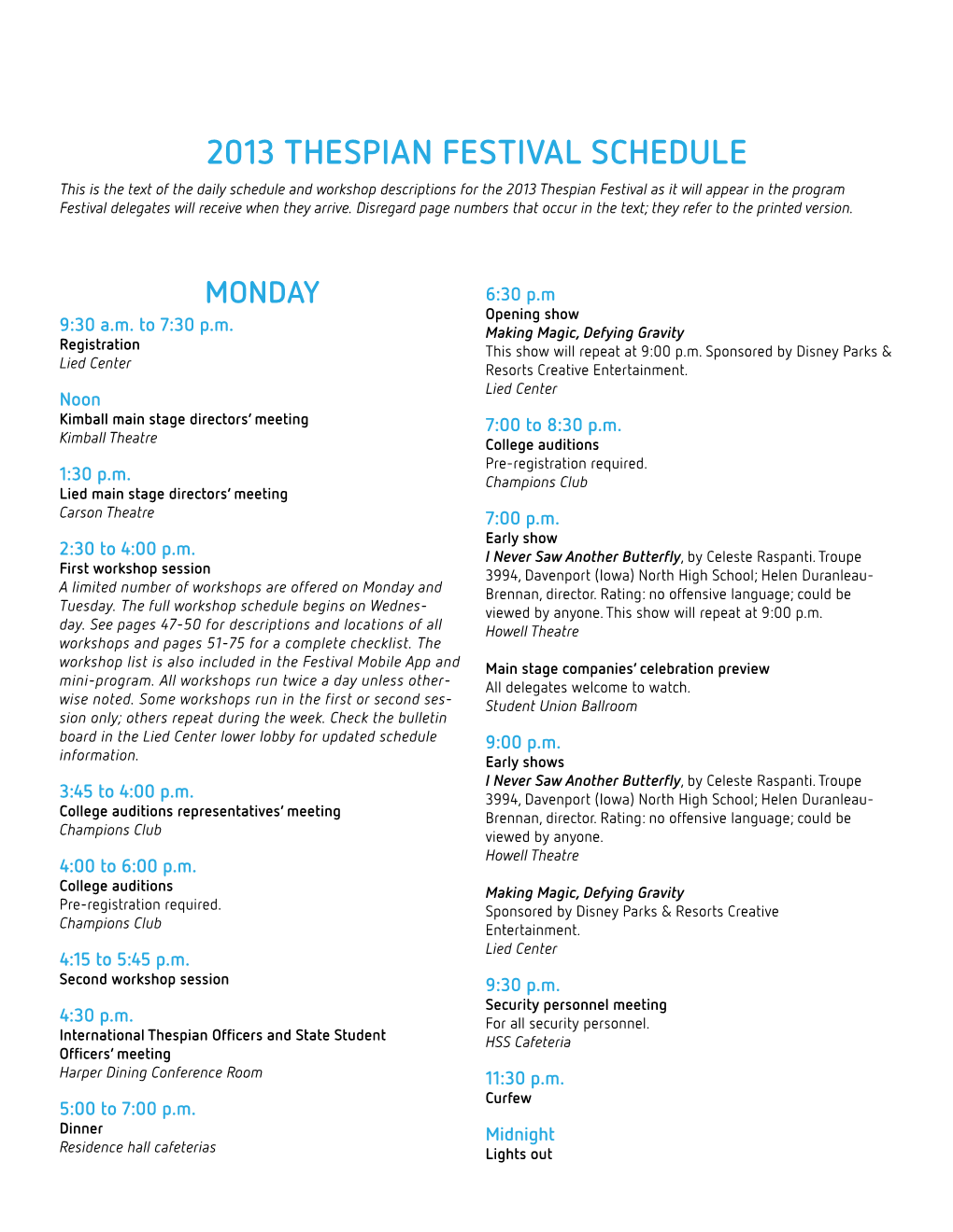 2013 Thespian Festival Schedule