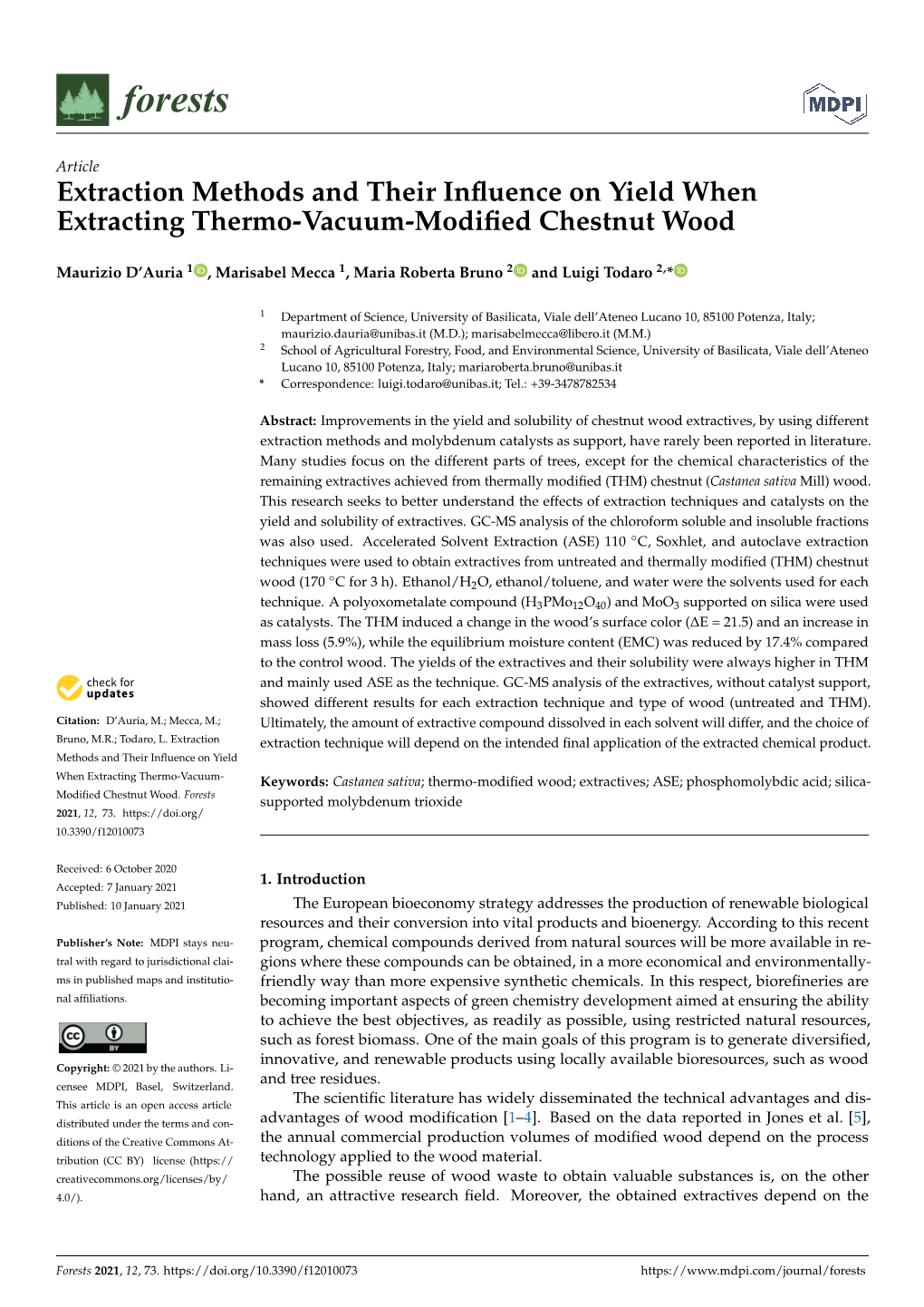 Extraction Methods and Their Influence on Yield When Extracting Thermo-Vacuum-Modified Chestnut Wood