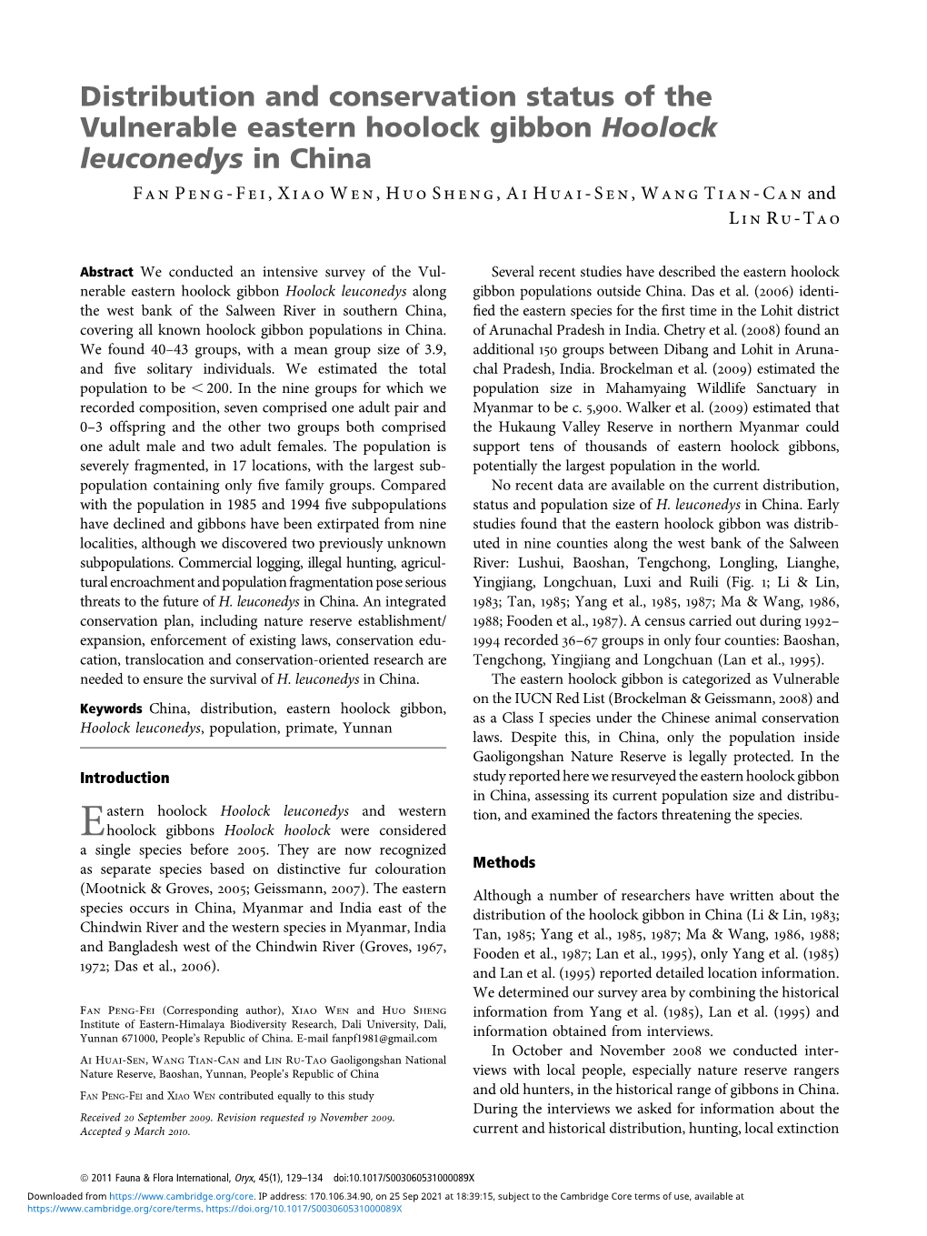 Distribution and Conservation Status of the Vulnerable Eastern Hoolock