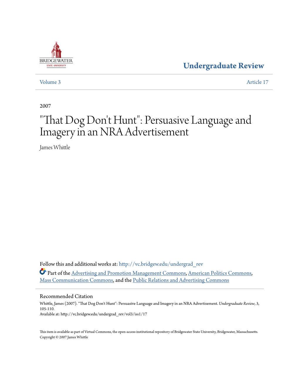 That Dog Don't Hunt": Persuasive Language and Imagery in an NRA Advertisement James Whittle