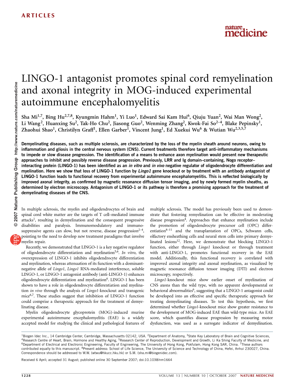 LINGO-1 Antagonist Promotes Spinal Cord Remyelination and Axonal Integrity in MOG-Induced Experimental Autoimmune Encephalomyelitis