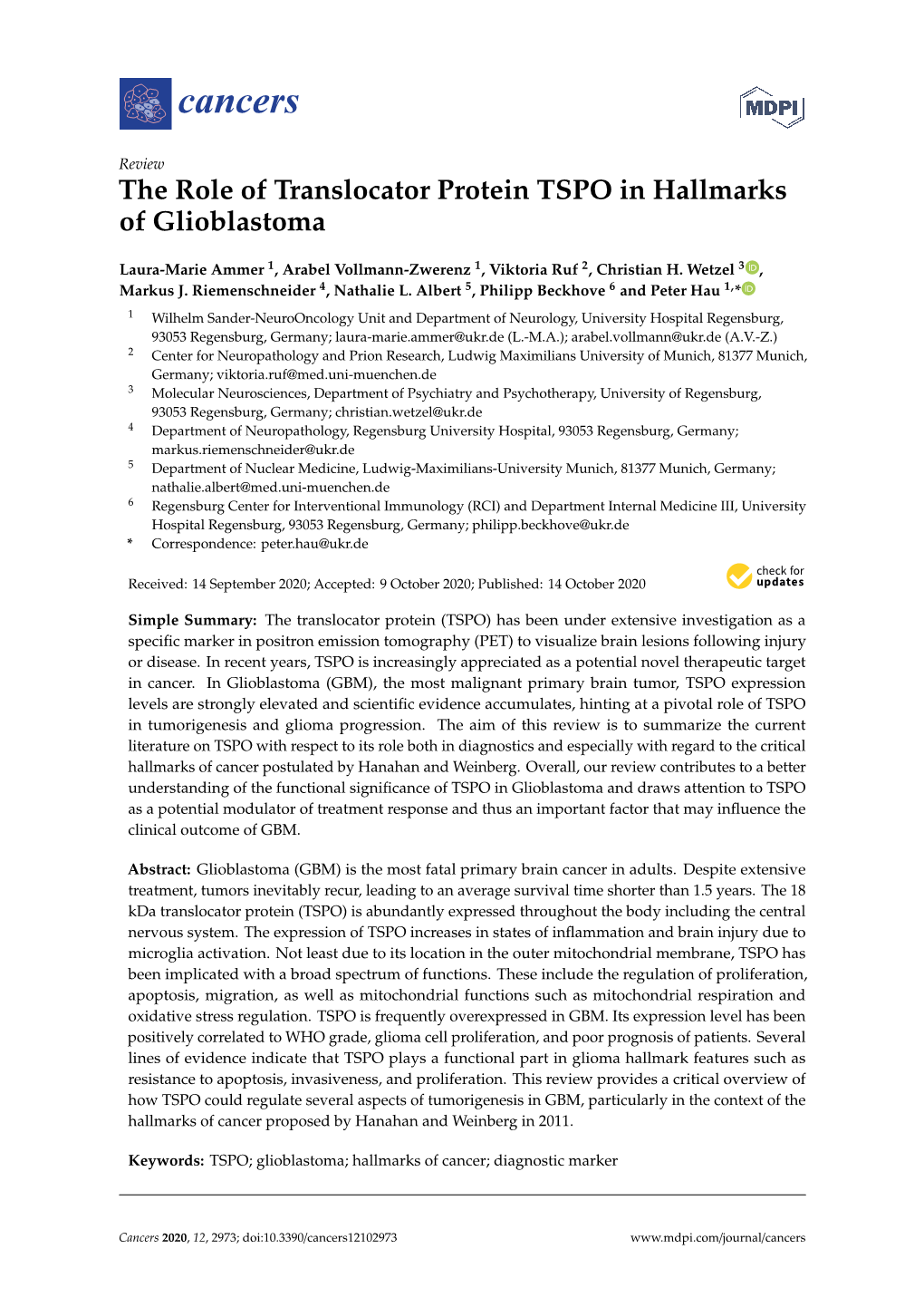 The Role of Translocator Protein TSPO in Hallmarks of Glioblastoma