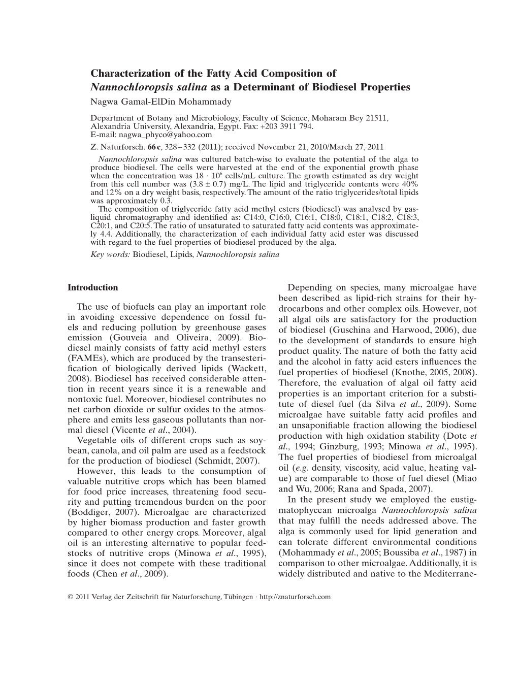 Characterization of the Fatty Acid Composition of Nannochloropsis