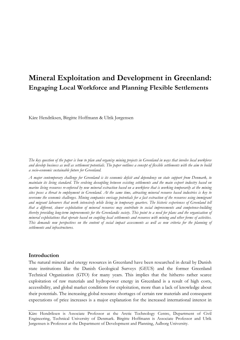 Mineral Exploitation and Development in Greenland: Engaging Local Workforce and Planning Flexible Settlements