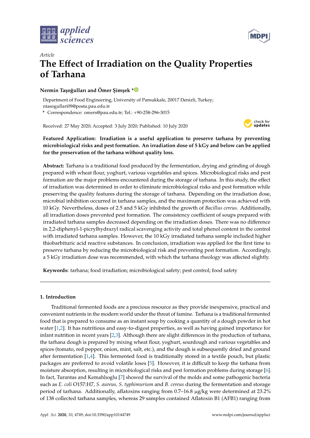 The Effect of Irradiation on the Quality Properties of Tarhana