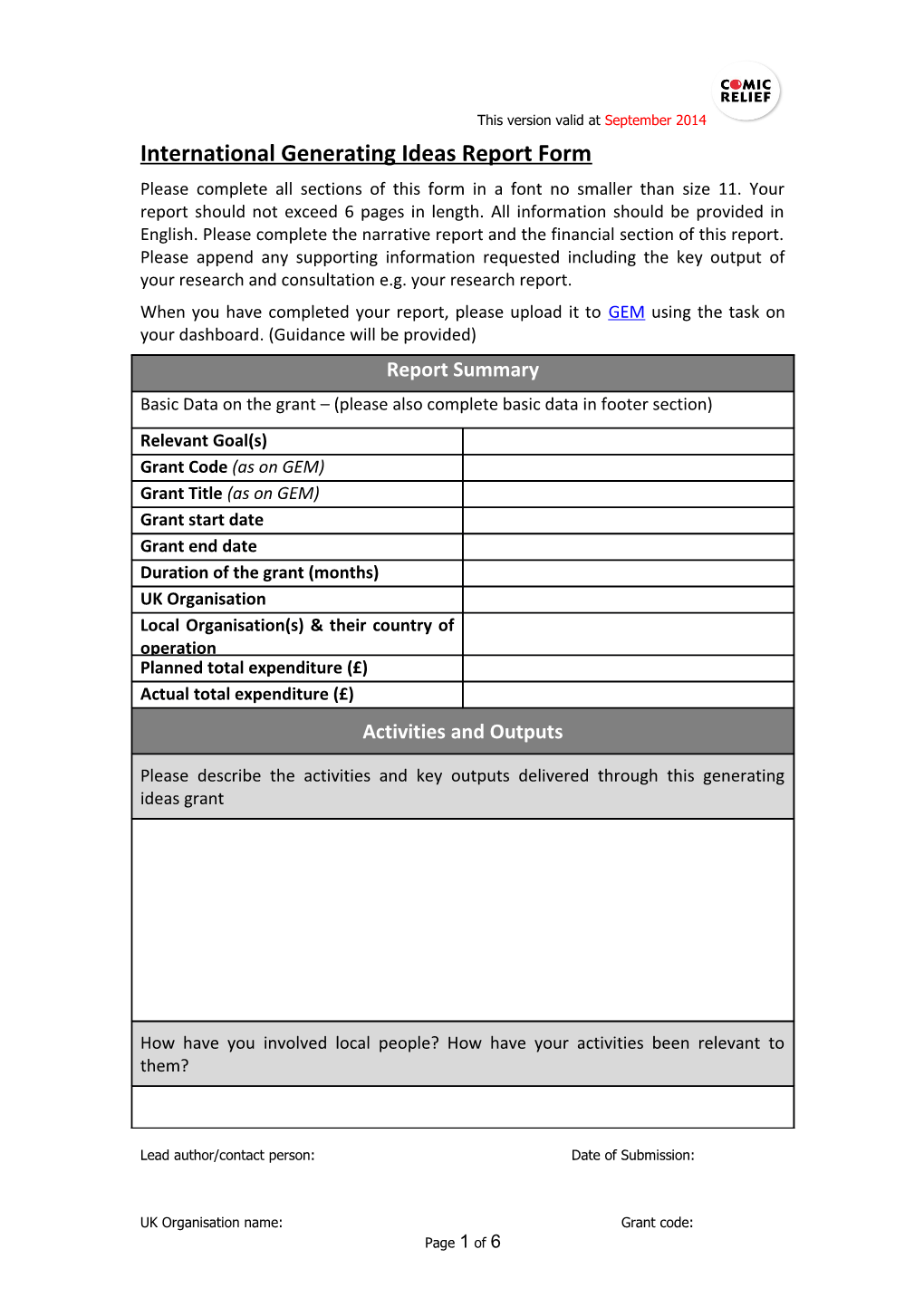 International Generating Ideas Report Form