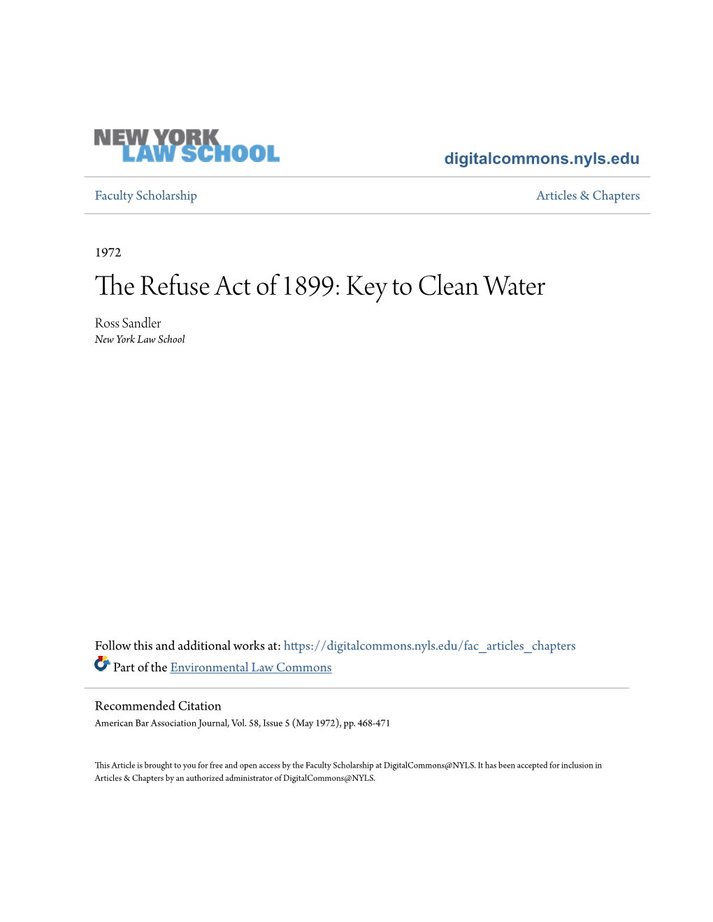 The Refuse Act of 1899: Key to Clean Water Ross Sandler New York Law School