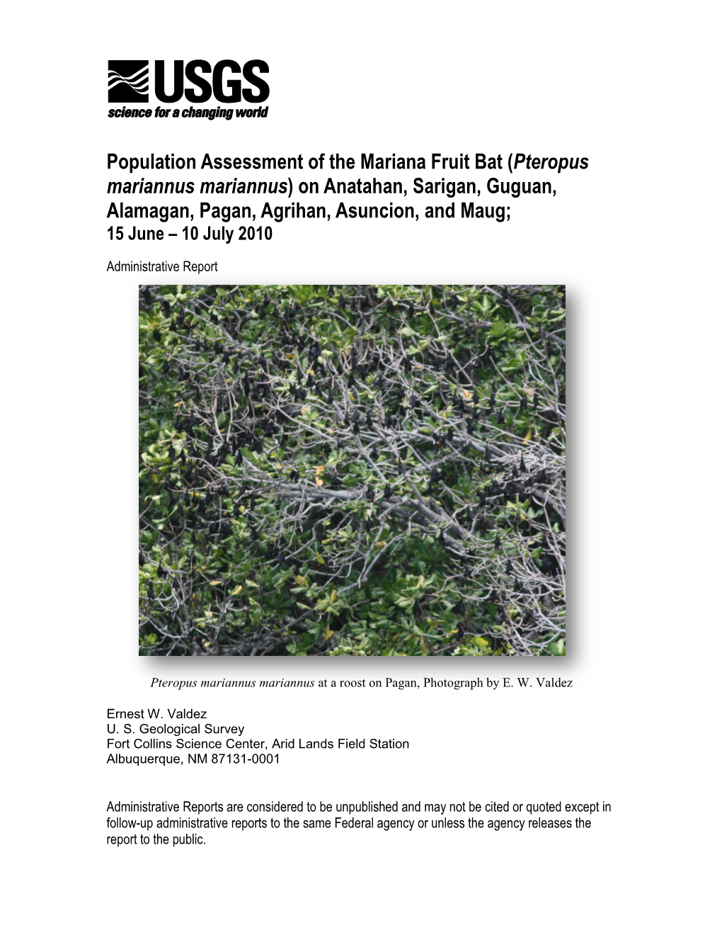 Fruit Bats Comprised of Only a Few Individuals, Also Previously Located by the Micronesian Megapode Team, Was Confirmed from the Helicopter Search of SA Col