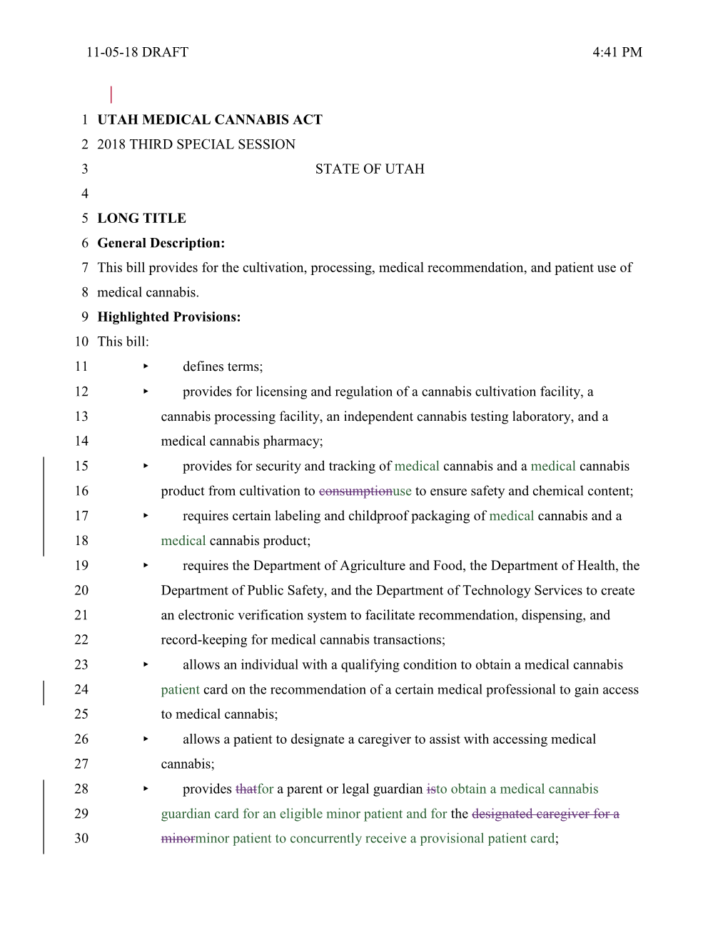 11-05-18 DRAFT 4:41 PM UTAH MEDICAL CANNABIS ACT 1 2018 THIRD SPECIAL SESSION 2 STATE of UTAH 3 4 LONG TITLE 5 General Descript