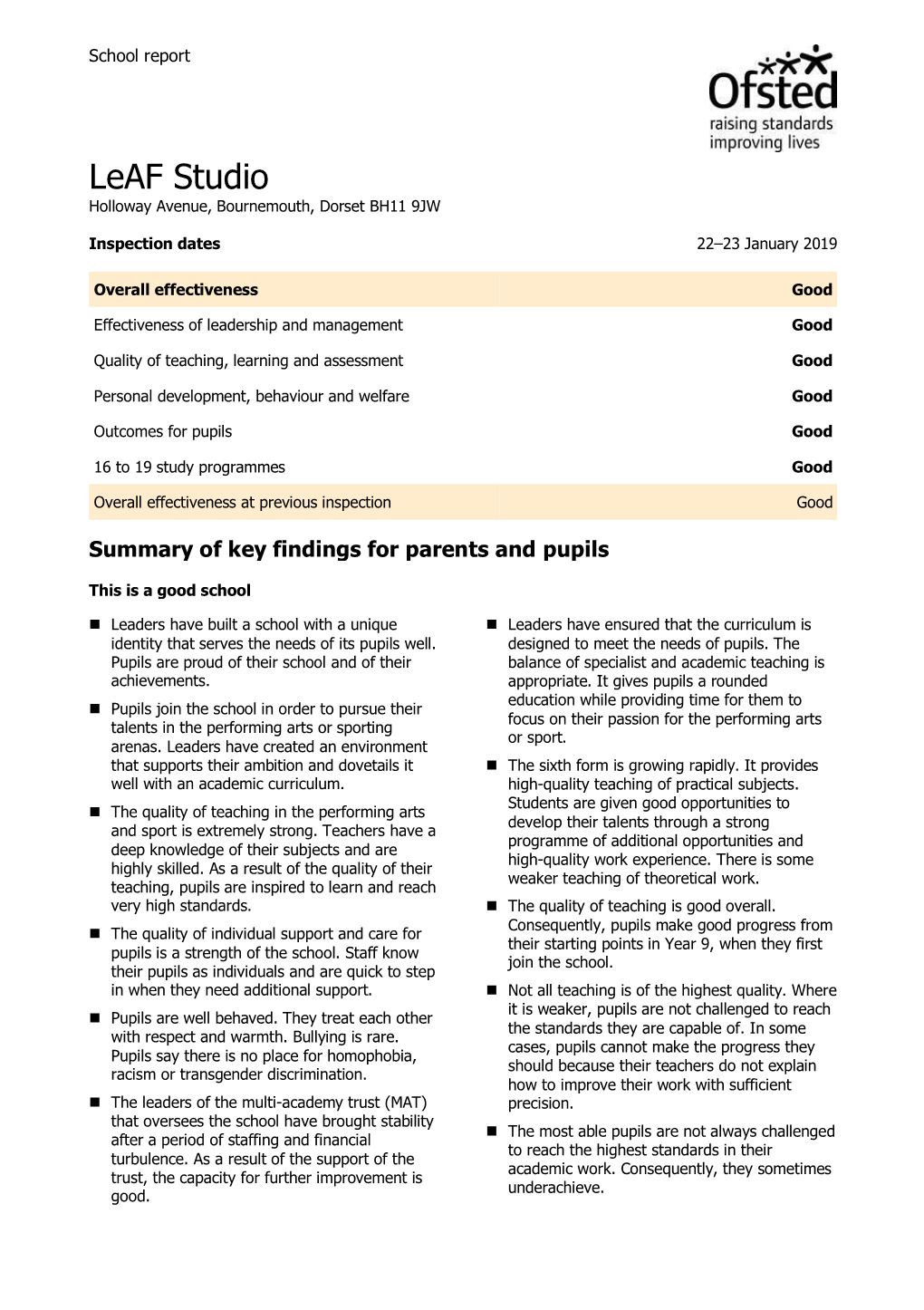 OFSTED Reportleaf Studio School