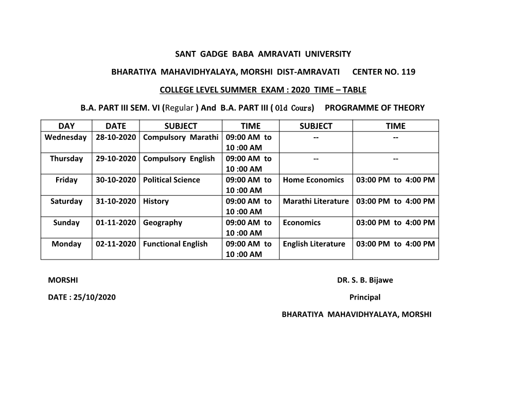 Summmer Exam-2020 Time-Table