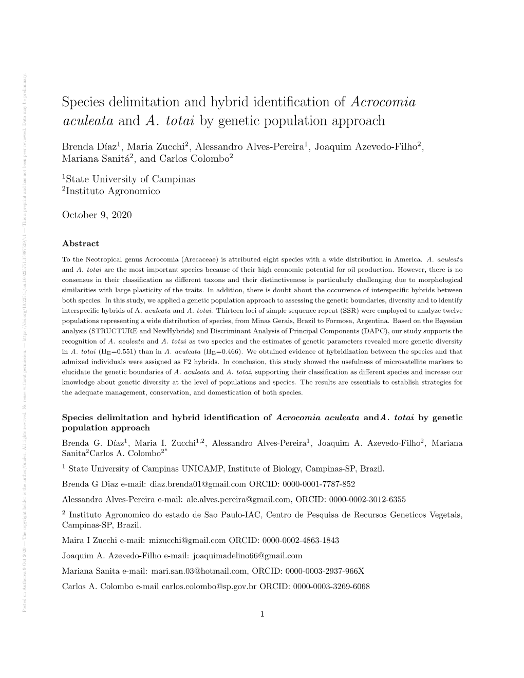 Species Delimitation and Hybrid Identification of Acrocomia Aculeata