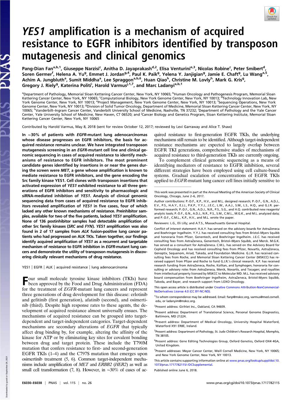 YES1 Amplification Is a Mechanism of Acquired Resistance to EGFR Inhibitors Identified by Transposon Mutagenesis and Clinical Genomics