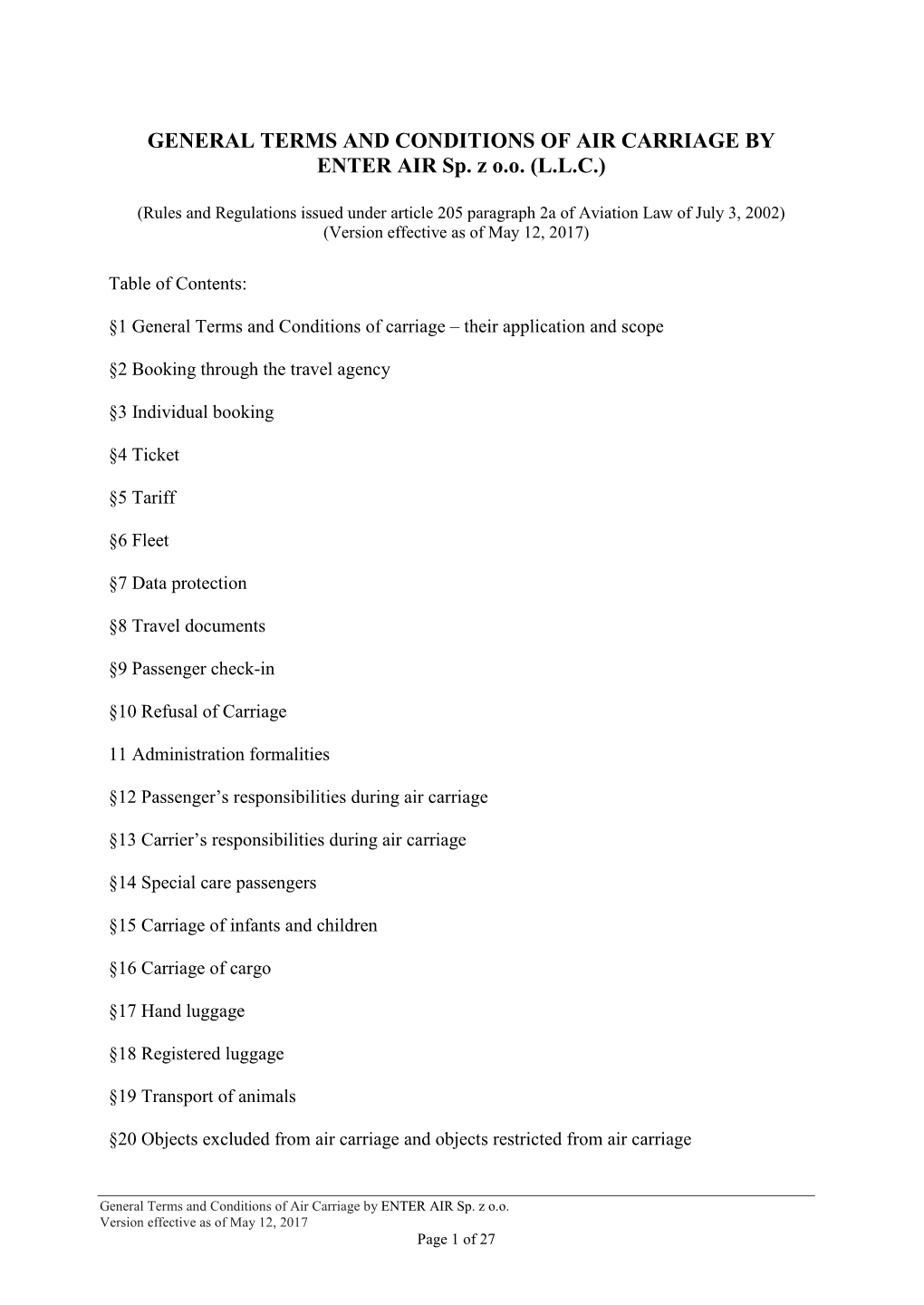 GENERAL TERMS and CONDITIONS of AIR CARRIAGE by ENTER AIR Sp