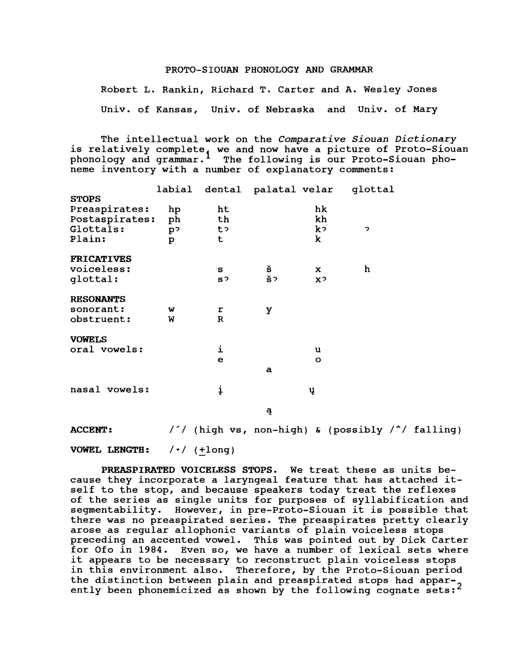 PROTO-SIOUAN PHONOLOGY and GRAMMAR Robert L. Rankin, Richard T