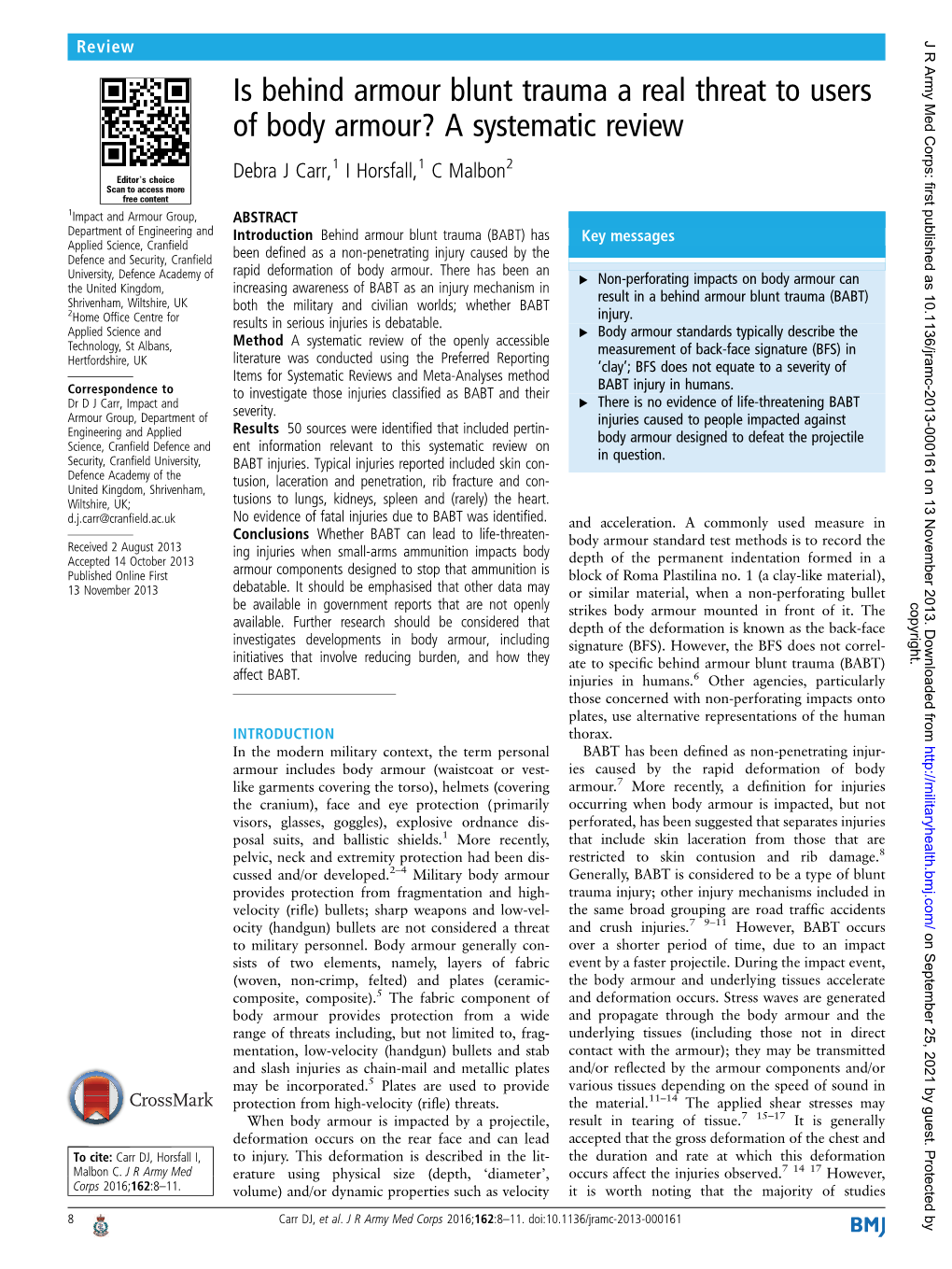 Is Behind Armour Blunt Trauma a Real Threat to Users of Body Armour? a Systematic Review