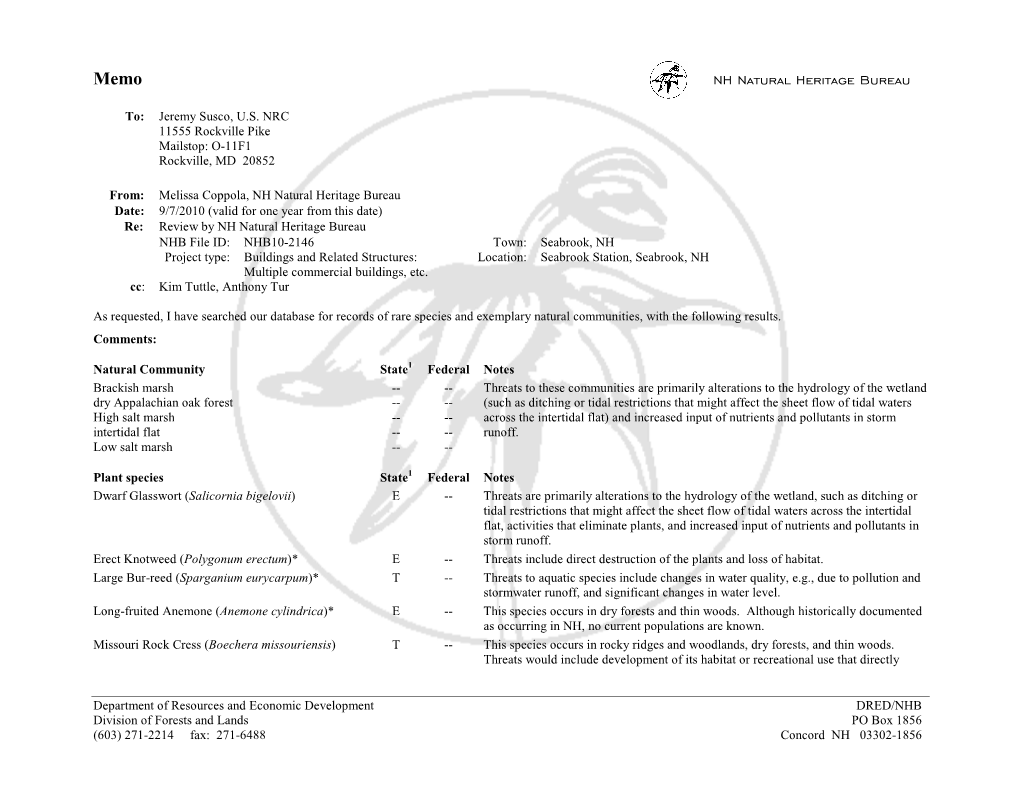 NH NHB State-Listed Species and Communities ISO Seabrook LRA