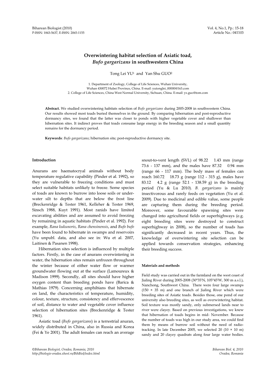 Overwintering Habitat Selection of Asiatic Toad, Bufo Gargarizans in Southwestern China