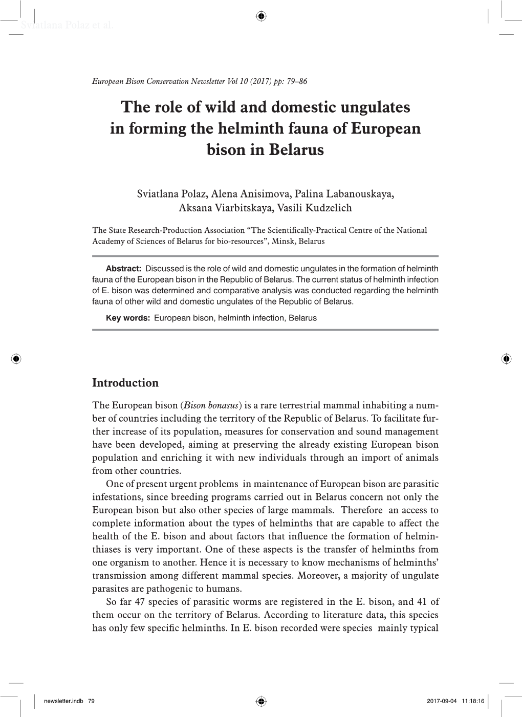 The Role of Wild and Domestic Ungulates in Forming the Helminth Fauna of European Bison in Belarus