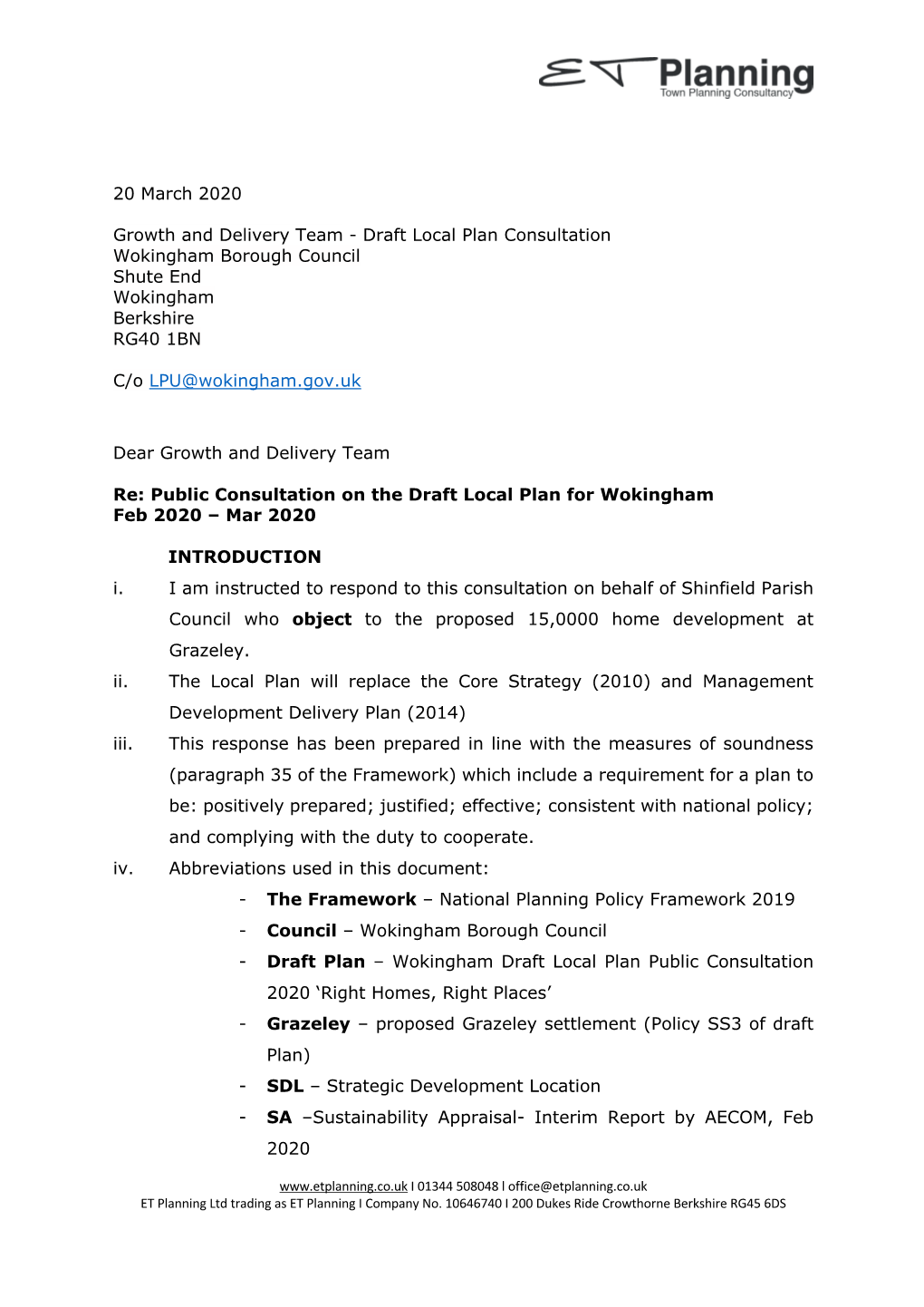 Draft Local Plan Consultation Wokingham Borough Council Shute End Wokingham Berkshire RG40 1BN