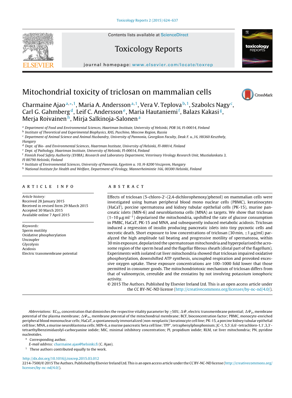 Mitochondrial Toxicity of Triclosan on Mammalian Cells