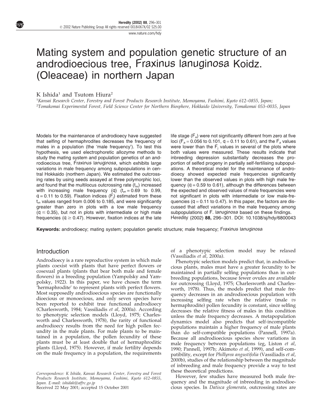 Mating System and Population Genetic Structure of an Androdioecious Tree, Fraxinus Lanuginosa Koidz