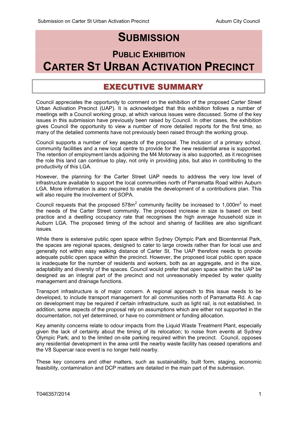 Final Submission on Exhibition of Carter St Urban Activation Precinct