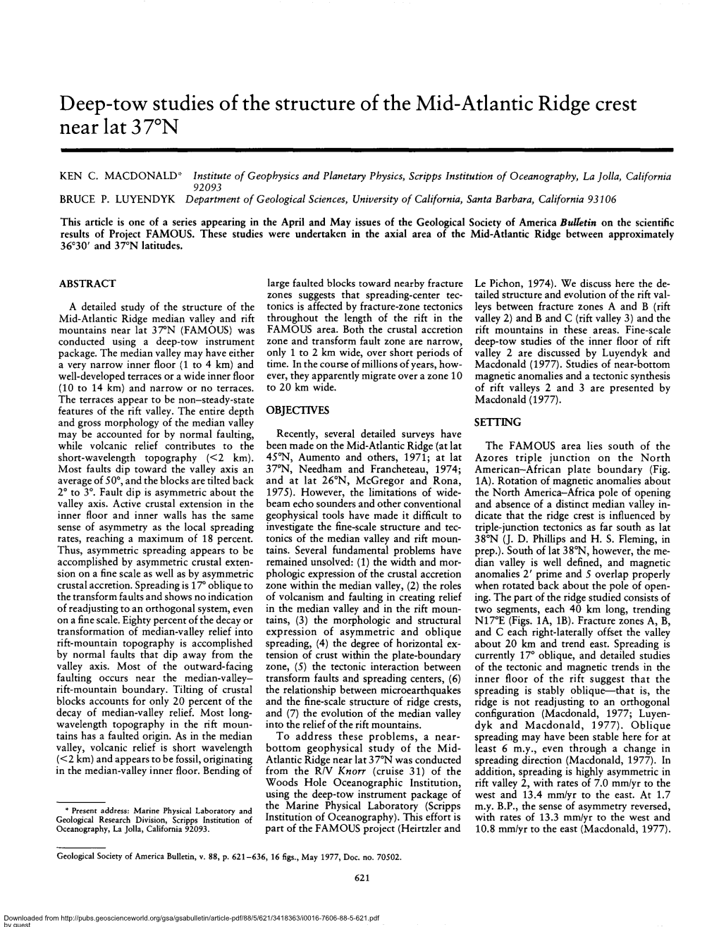 Deep-Tow Studies of the Structure of the Mid-Atlantic Ridge Crest Near Lat 37°N