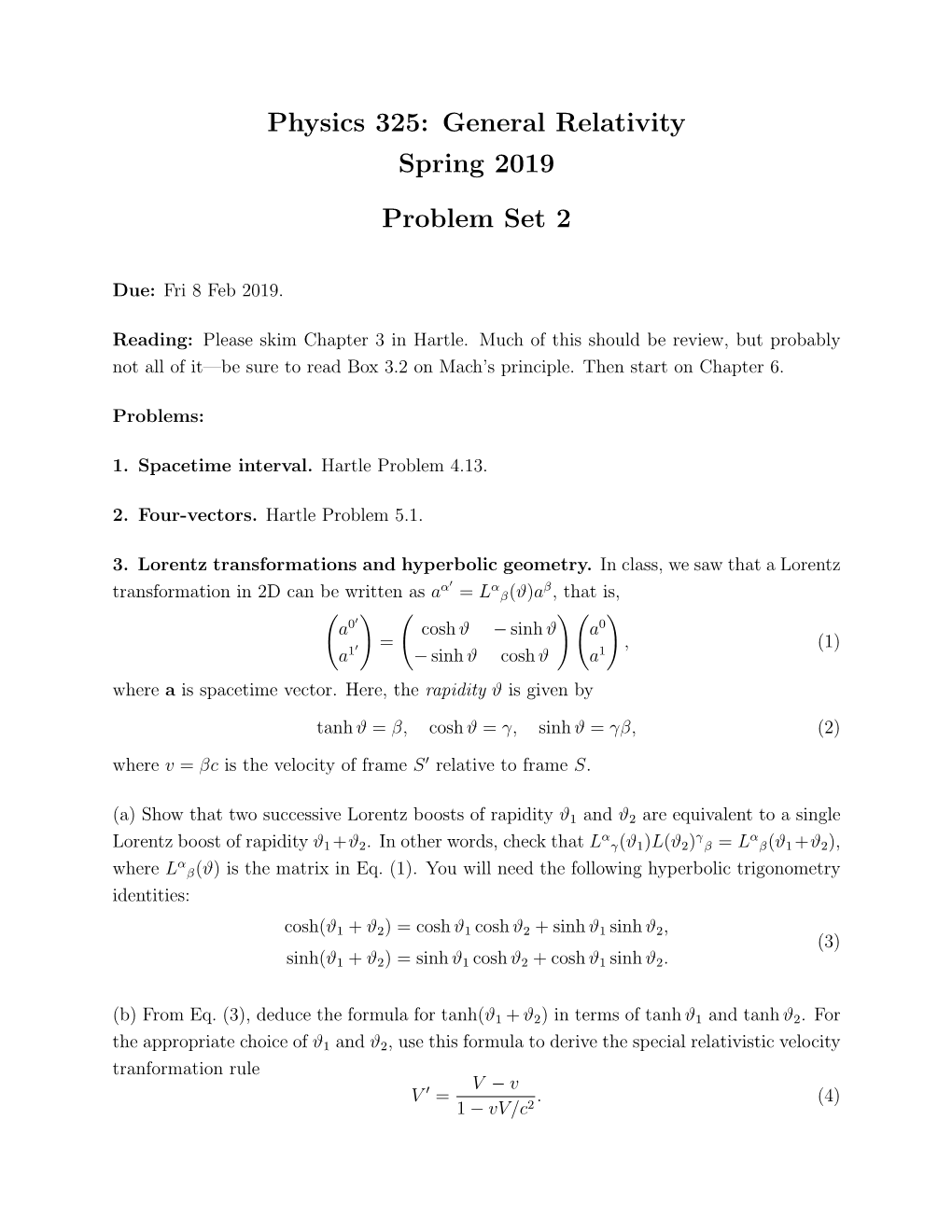 Physics 325: General Relativity Spring 2019 Problem Set 2