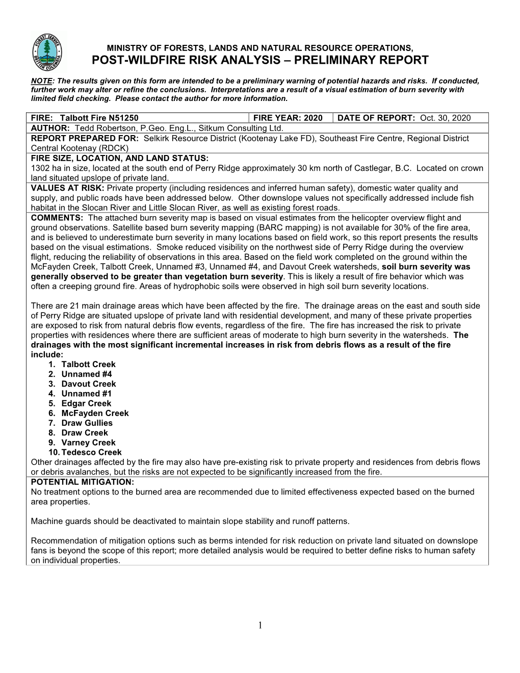 Post-Wildfire Risk Analysis – Preliminary Report