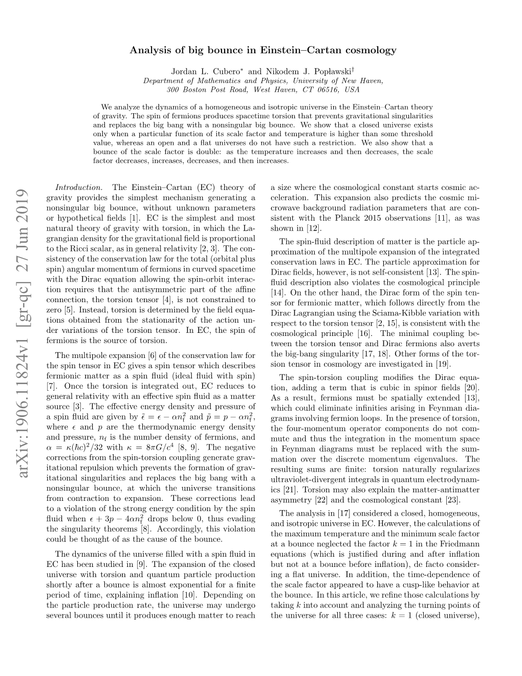 Analysis of Big Bounce in Einstein--Cartan Cosmology