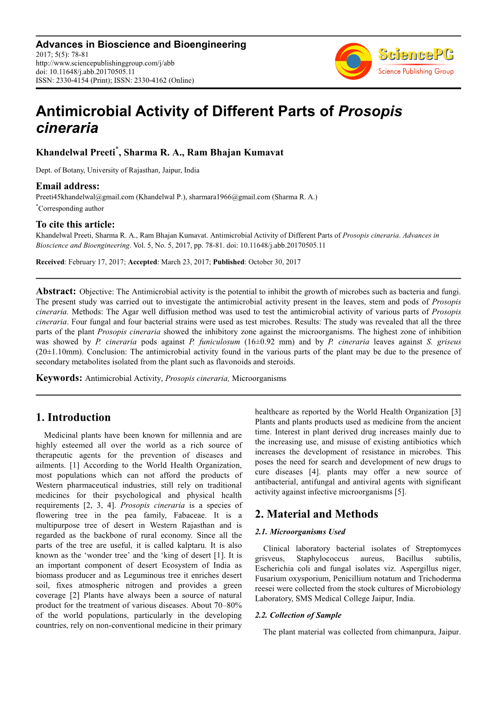 Antimicrobial Activity of Different Parts of Prosopis Cineraria