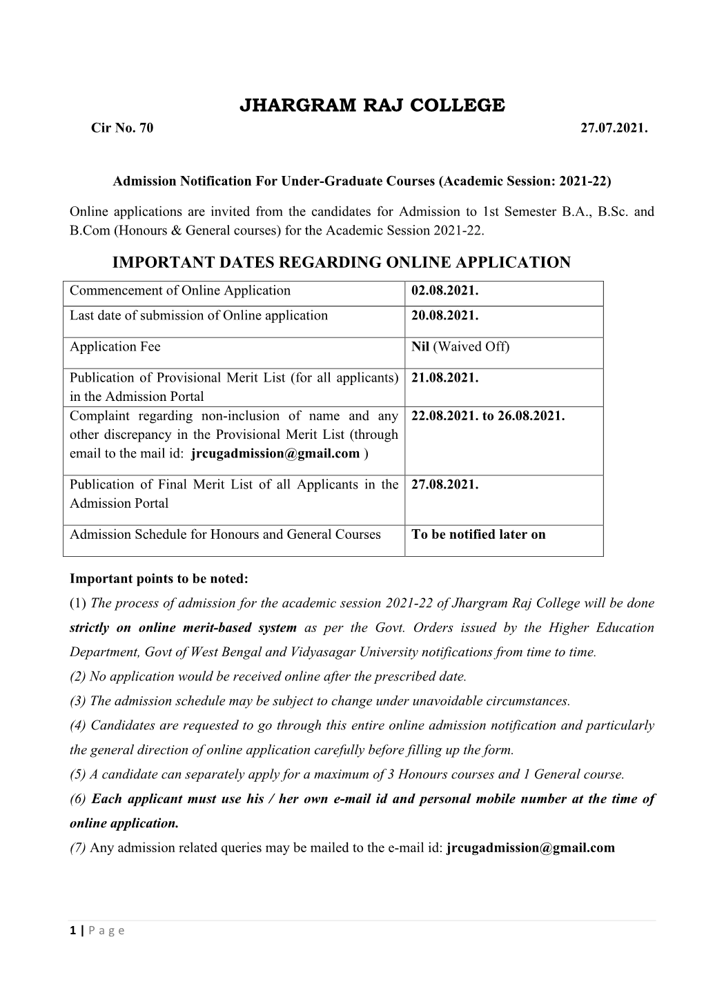 Admission Notification for Under Graduate