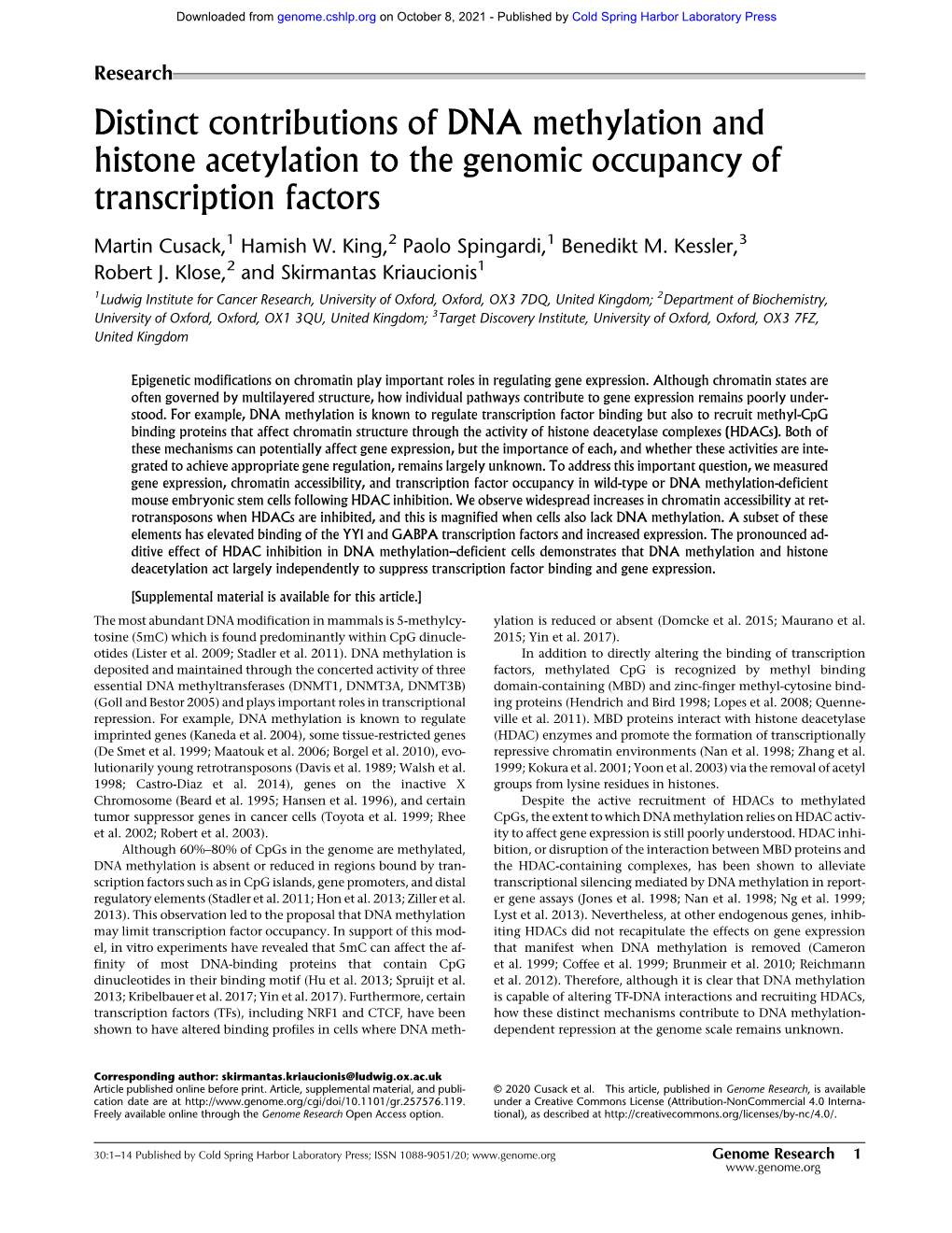 Distinct Contributions of DNA Methylation and Histone Acetylation to the Genomic Occupancy of Transcription Factors