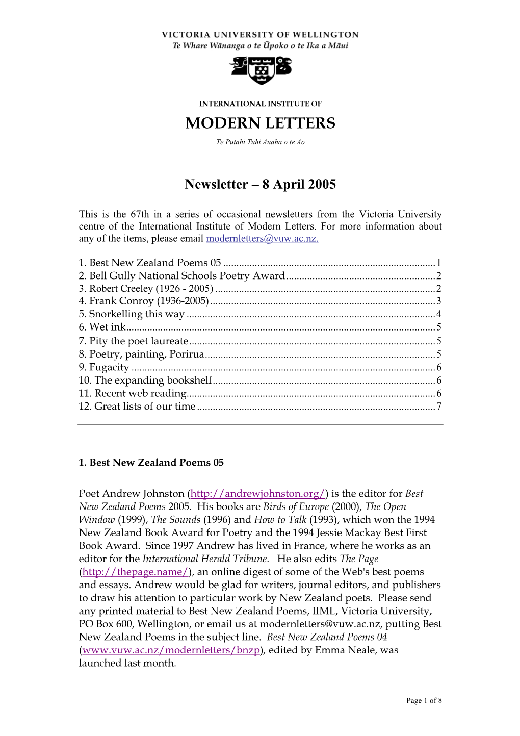 Newsletter – 8 April 2005