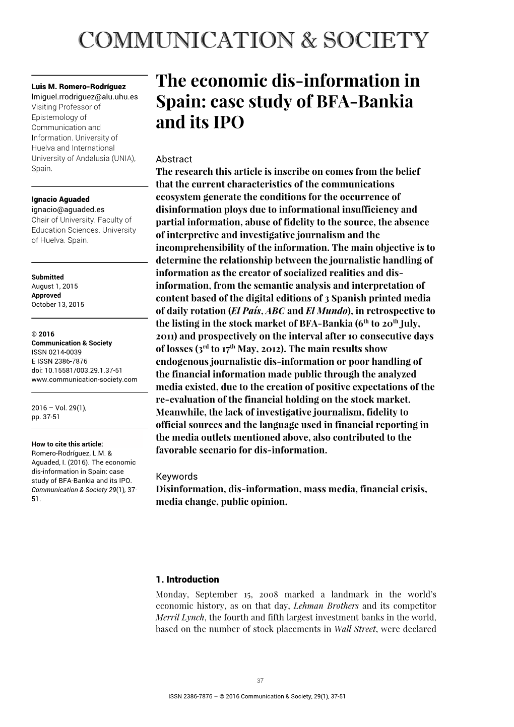 The Economic Dis-Information in Spain: Case Study of BFA-Bankia and Its IPO