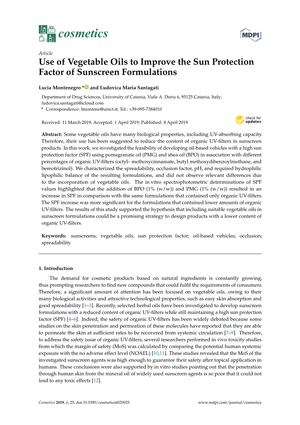 Use of Vegetable Oils to Improve the Sun Protection Factor of Sunscreen Formulations