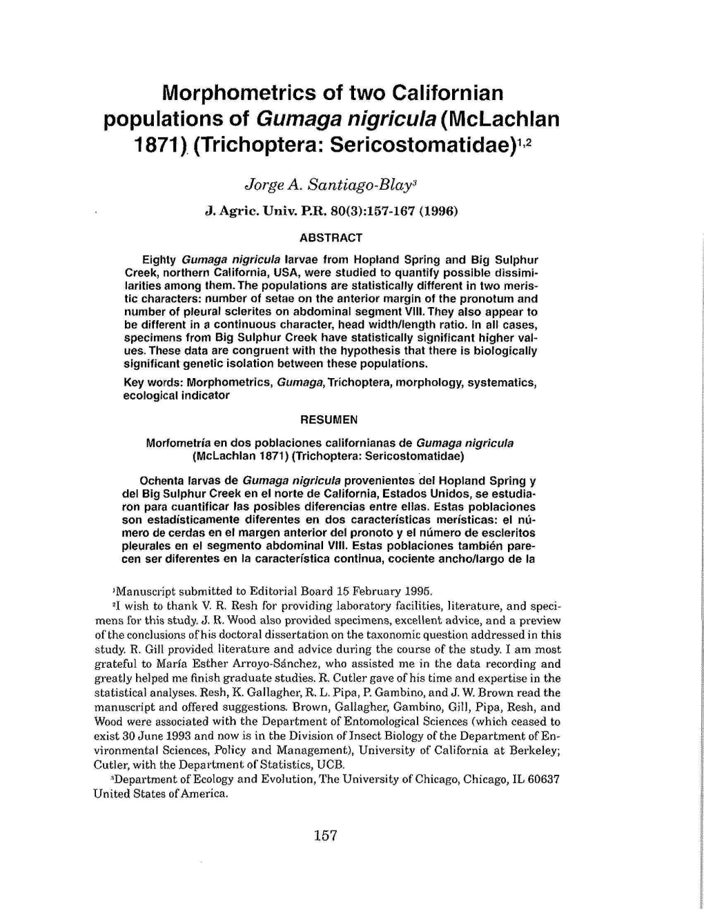 Morphometries of Two Californian Populations of Gumaga Nigricula (Mclachlan 1871) (Trichoptera: Sericostomatidae)12